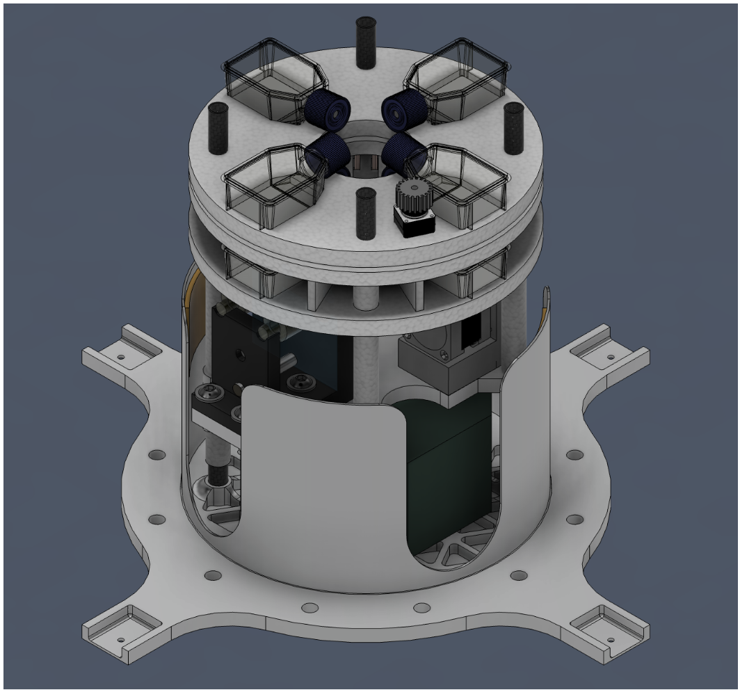 CAD view of the HELIA payload, showing the sample flasks, internal components and support frame